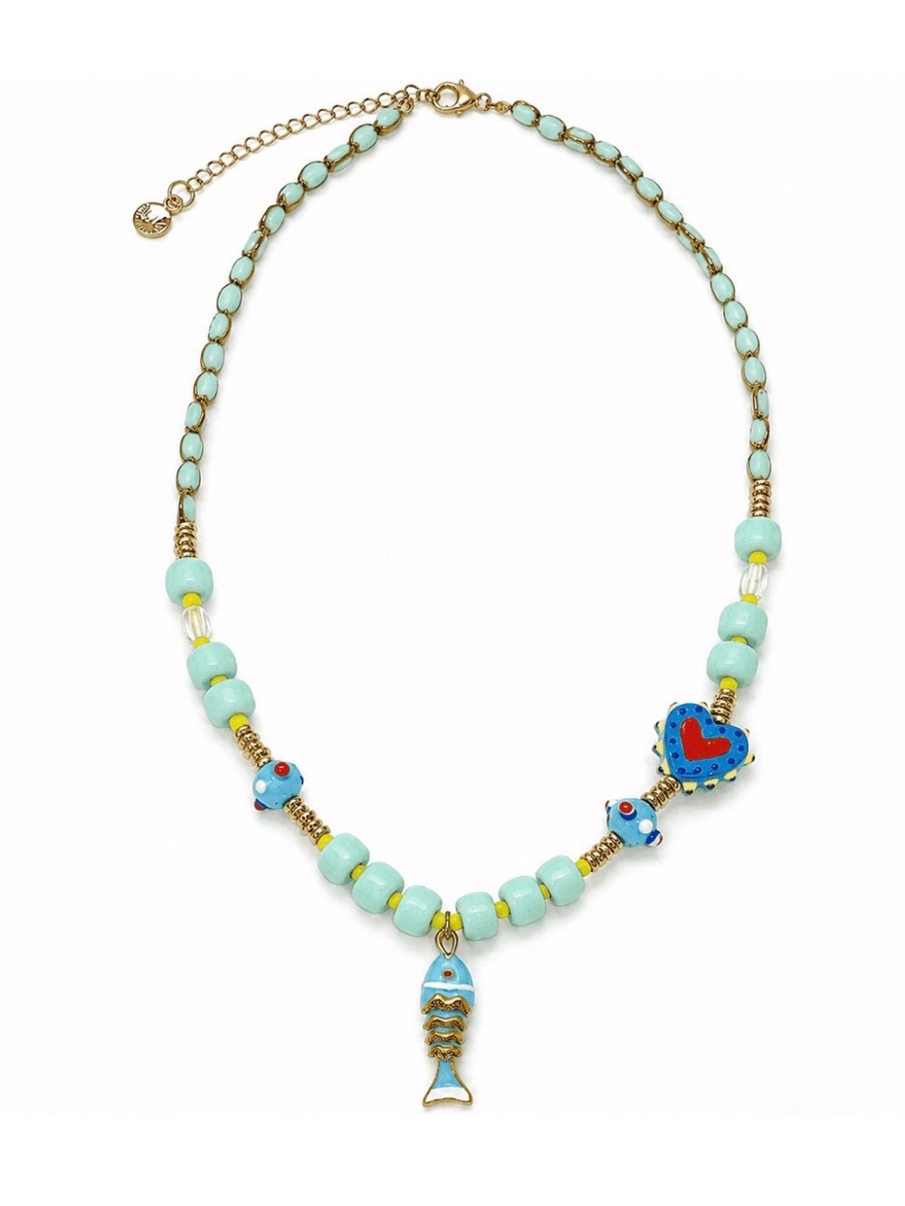 Aqua Bead Necklace with Heart & Fish Charms by Mayamar